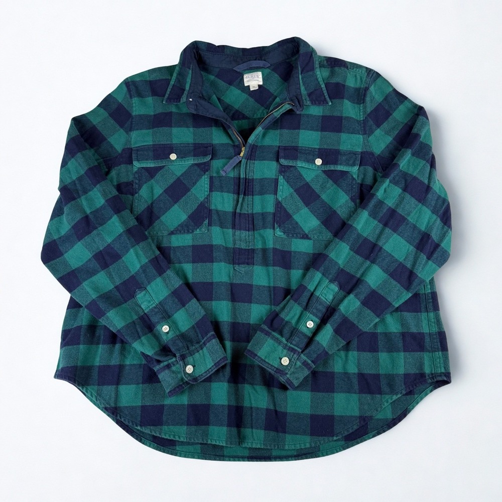 J.Crew Flannel Shirt Mens XL Green Buffalo Plaid Half Zip‎ Pullover Outdoors